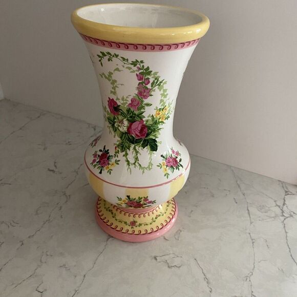Laura Ashley FTD Vase "Isabella" Pink and White Roses With Yellow Trim - Picture 1 of 7